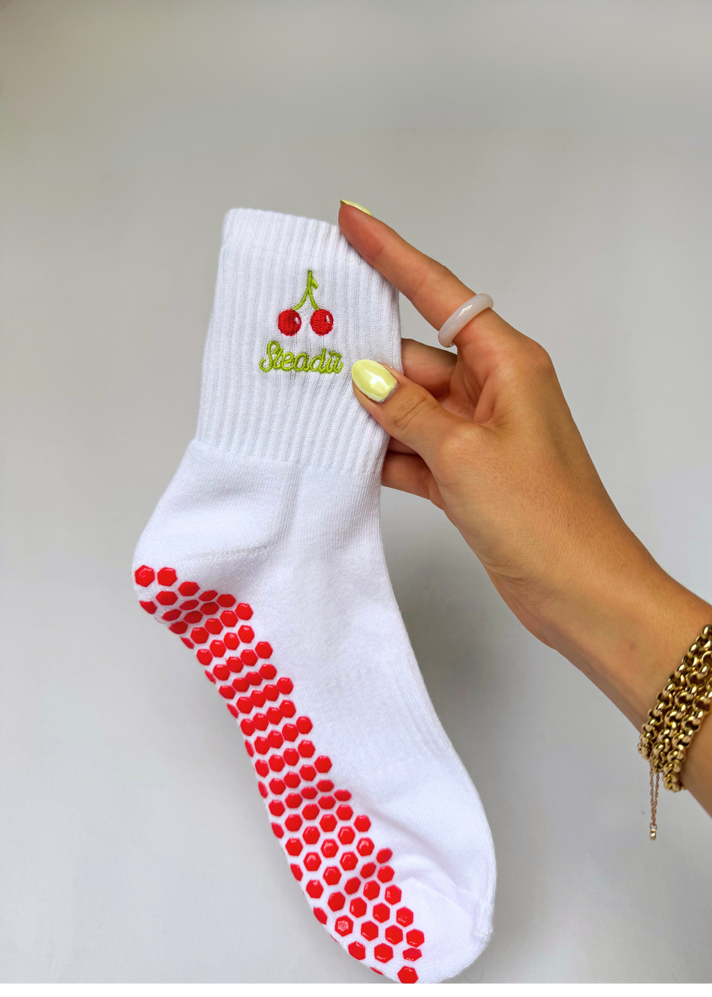 Premium Cherry Reformer Pilates Socks, which are cute and breathable, non-slip grip, offering comfort, support, and style for your Pilates practice. Perfect for every workout, even yoga