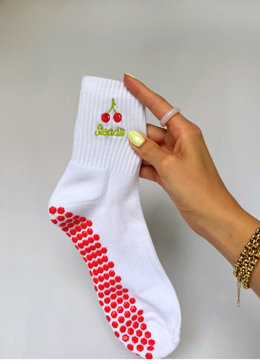 Premium Cherry Reformer Pilates Socks, which are cute and breathable, non-slip grip, offering comfort, support, and style for your Pilates practice. Perfect for every workout, even yoga